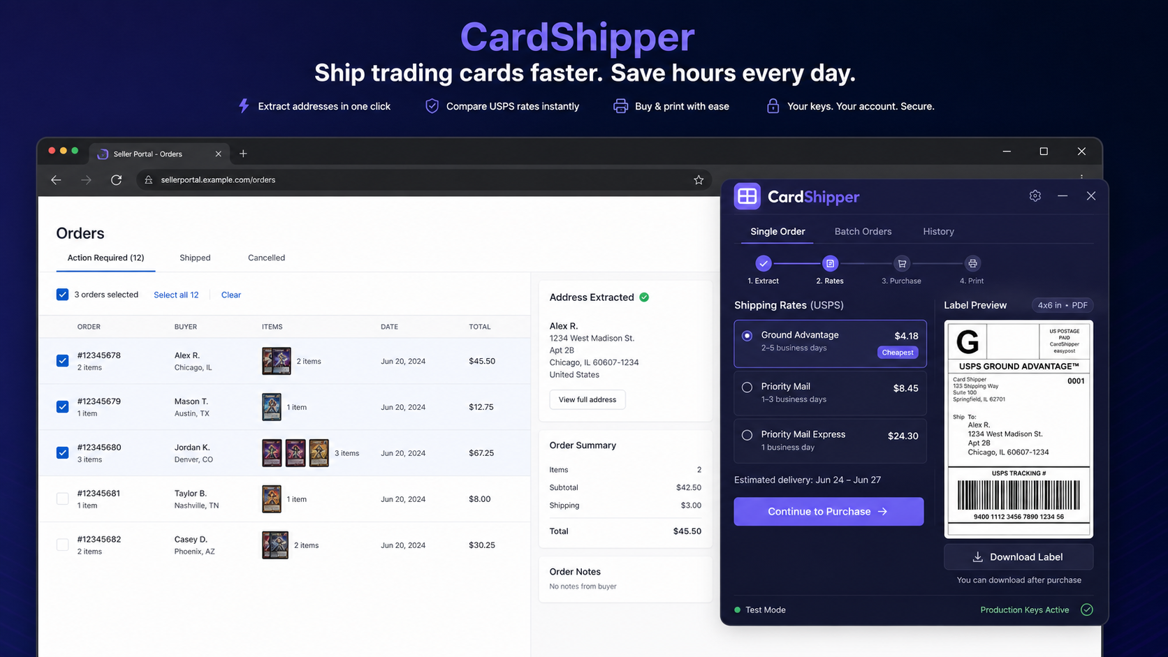 CardShipper extension preview showing selected orders, shipping rates, and a label preview